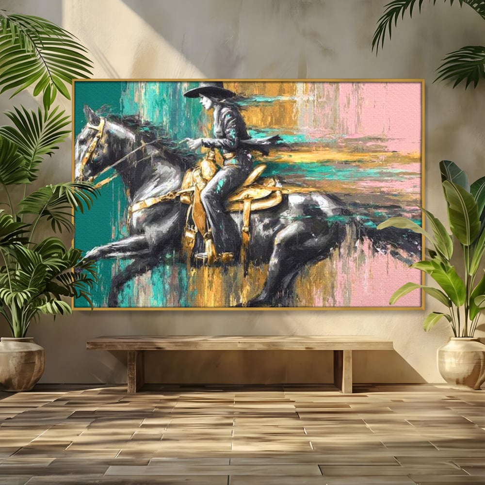Tablou canvas cu pictura cu femeie calare pe armasar, in rama de aluminiu auriu